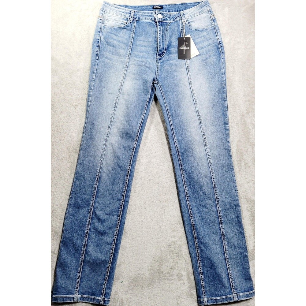 FLAMINGALS High Rise Straight Jeans Womens 2XL Blue Light Wash Stretch Denim
